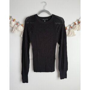 WHBM Pointelle Ribbed Knit Crochet Raglan Black Sweater Whimsigoth Layering L